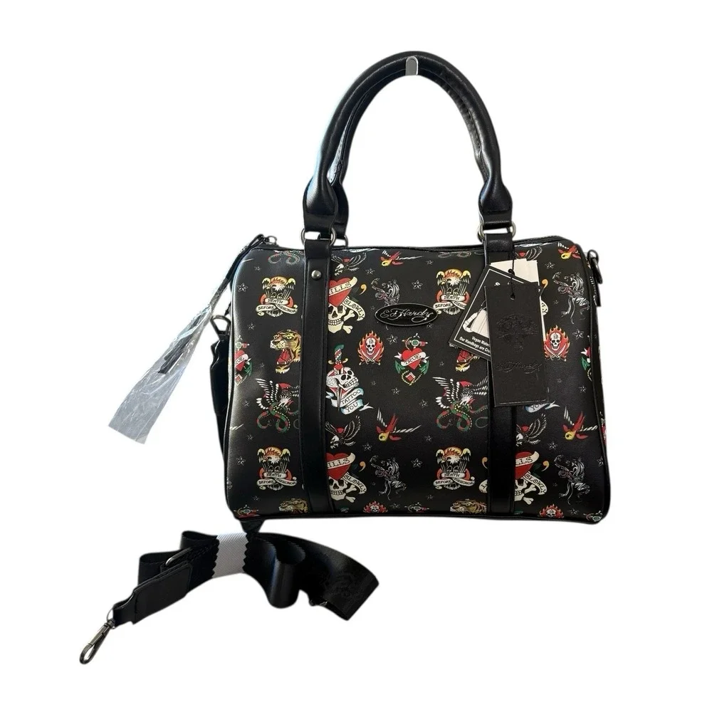 Ed Hardy Tattoo Print Black Duffle Bag Skull Tiger Eagle Travel Weekender Y2K